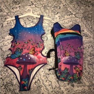 Purple Mushroom & Butterfly One-Piece Swimsuit with matching dehydration back
